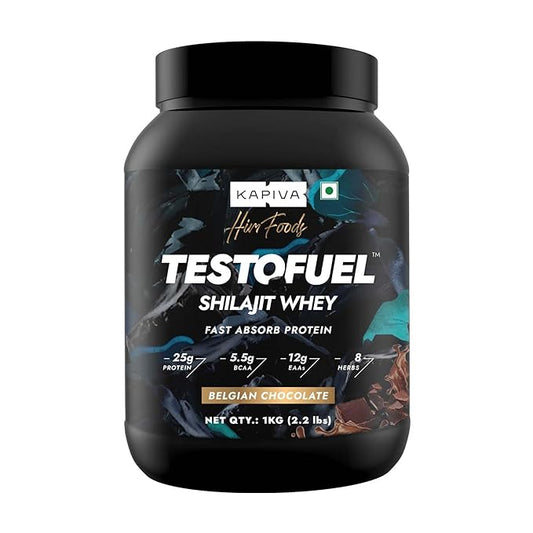 Kapiva TestoFuel Shilajit Whey Protein with Digezyme| 25g Protein | 5.5g BCAA | Faster Absorption | Boosts Stamina | Chocolate Flavor, cokies & cream 1Kg/ 2.2lb