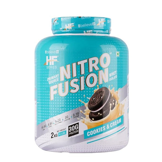 HF Series Nitro Fusion Whey Isolate Protein With Creatine, EAA and Glutamine|30g Protein | 62 servings |2kg-4.4lbs |Flavour-Cookies and Cream