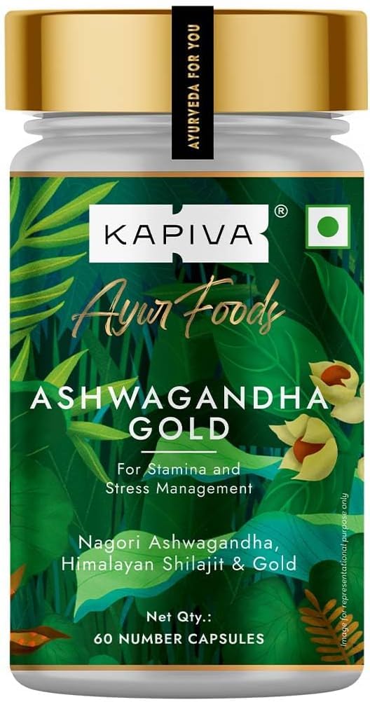 Kapiva Ashwagandha Gold Capsules, 183rd day harvested Potent Nagori Ashwagandha With Gold, Shilajit | Helps in Stress Management, Improve Energy and Stamina | For Men & Women (60 Capsules)