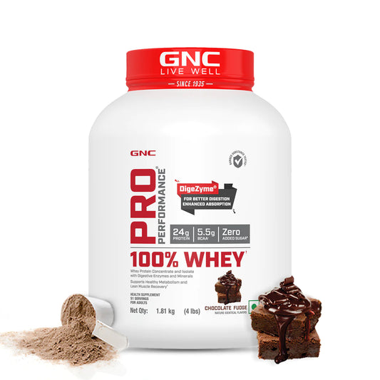 GNC Pro Performance 100% Whey Protein Powder | Boosts Strength & Endurance | Builds Lean Muscles | Fastens Muscle Recovery | Formulated In USA | 24g Protein | 5.5g BCAA | Chocolate Fudge | 4 lbs
